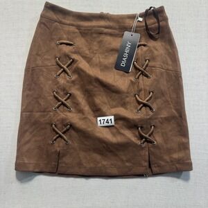 DIASHINY Lace Up Faux Suede Mini Skirt Womens Sz‎ XS Brown New With Tags